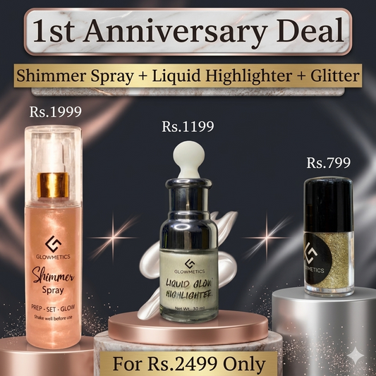 1st Anniversary Deal (Shimmer Spray + Liquid Highlighter + FREE Glitter)